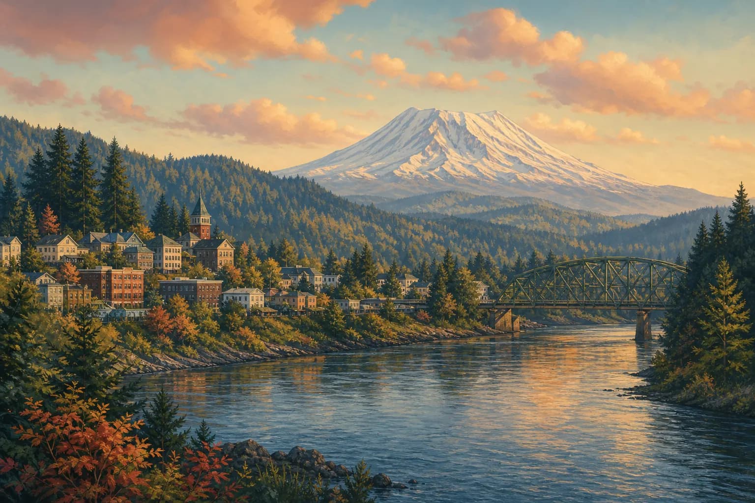 Illustration of Castle Rock, Washington: the Cowlitz River, forested hills and Mount St. Helens in the distance
