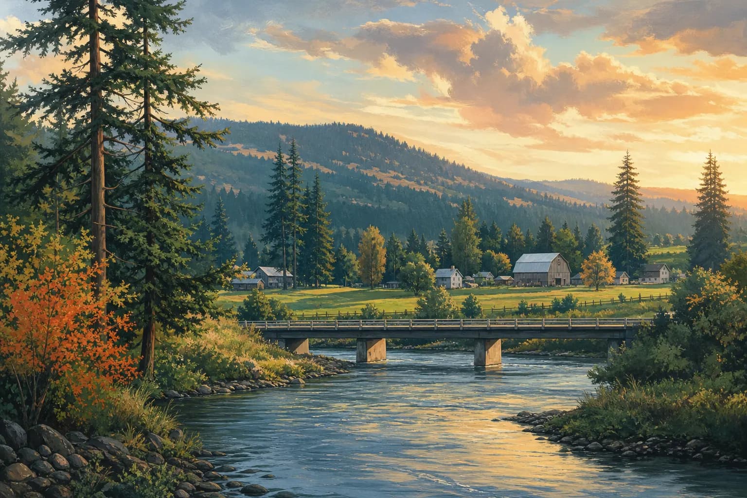 Illustration of La Center, Washington: the East Fork Lewis River, pastures and Douglas firs