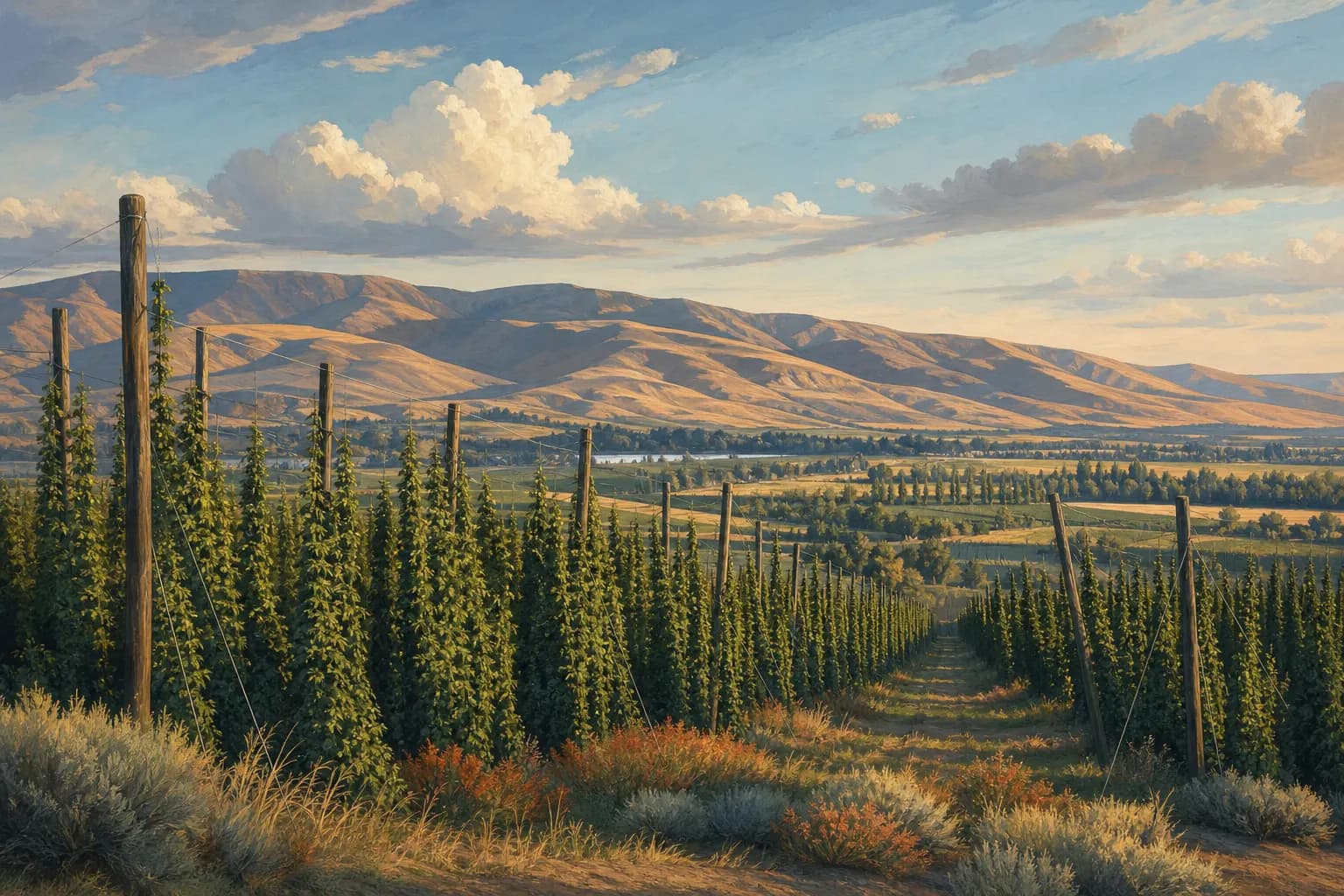 Illustration of Moxee, Washington: hop fields on trellises in the Yakima Valley