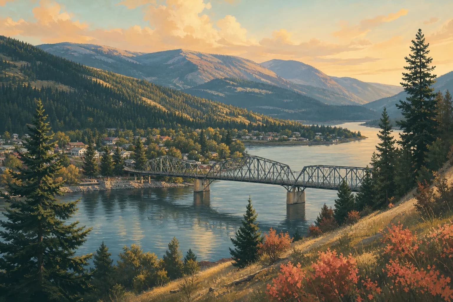 Illustration of Northport, Washington: a steel bridge over the Columbia River below forested mountains