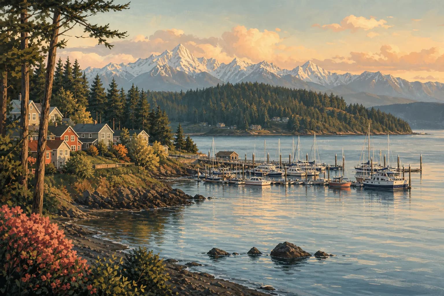 Illustration of Port Hadlock, Washington: a small marina on Port Townsend Bay with the Olympic Mountains beyond