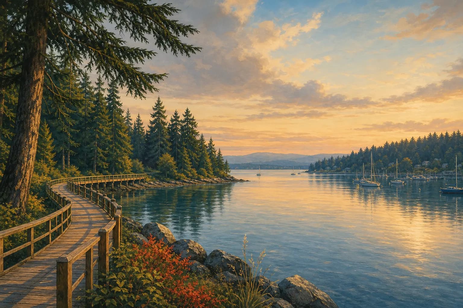 Illustration of Silverdale, Washington: Dyes Inlet with a waterfront boardwalk and evergreens