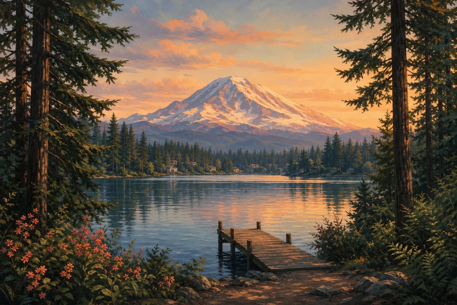 Illustration of Spanaway, Washington: Spanaway Lake, evergreens and Mount Rainier