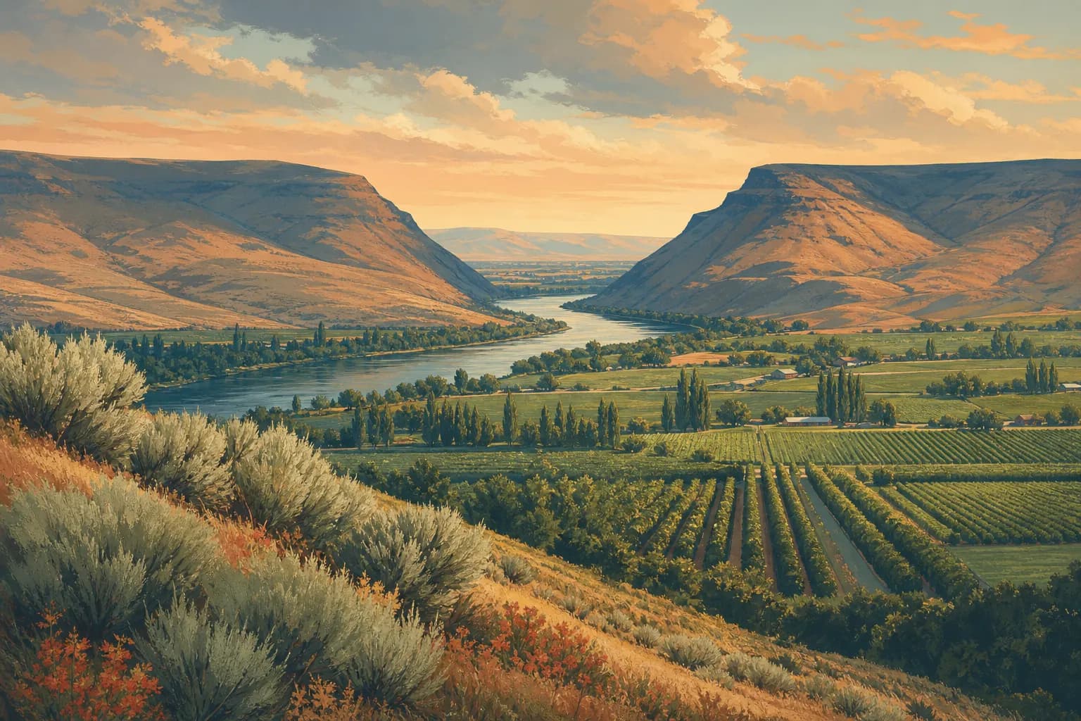 Illustration of Union Gap, Washington: the Yakima River gap with orchards and sagebrush hills