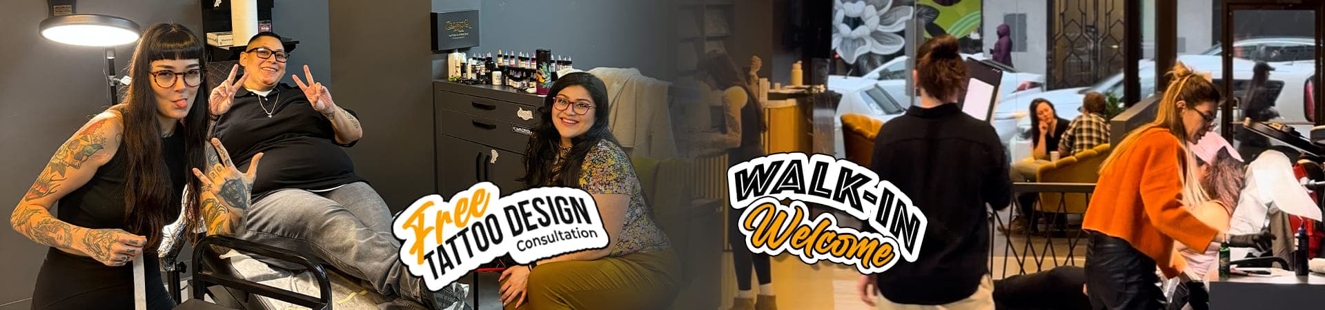 Cleopatra Ink Seattle studio collage with signs reading “Free tattoo design consultation” and “Walk-in welcome”