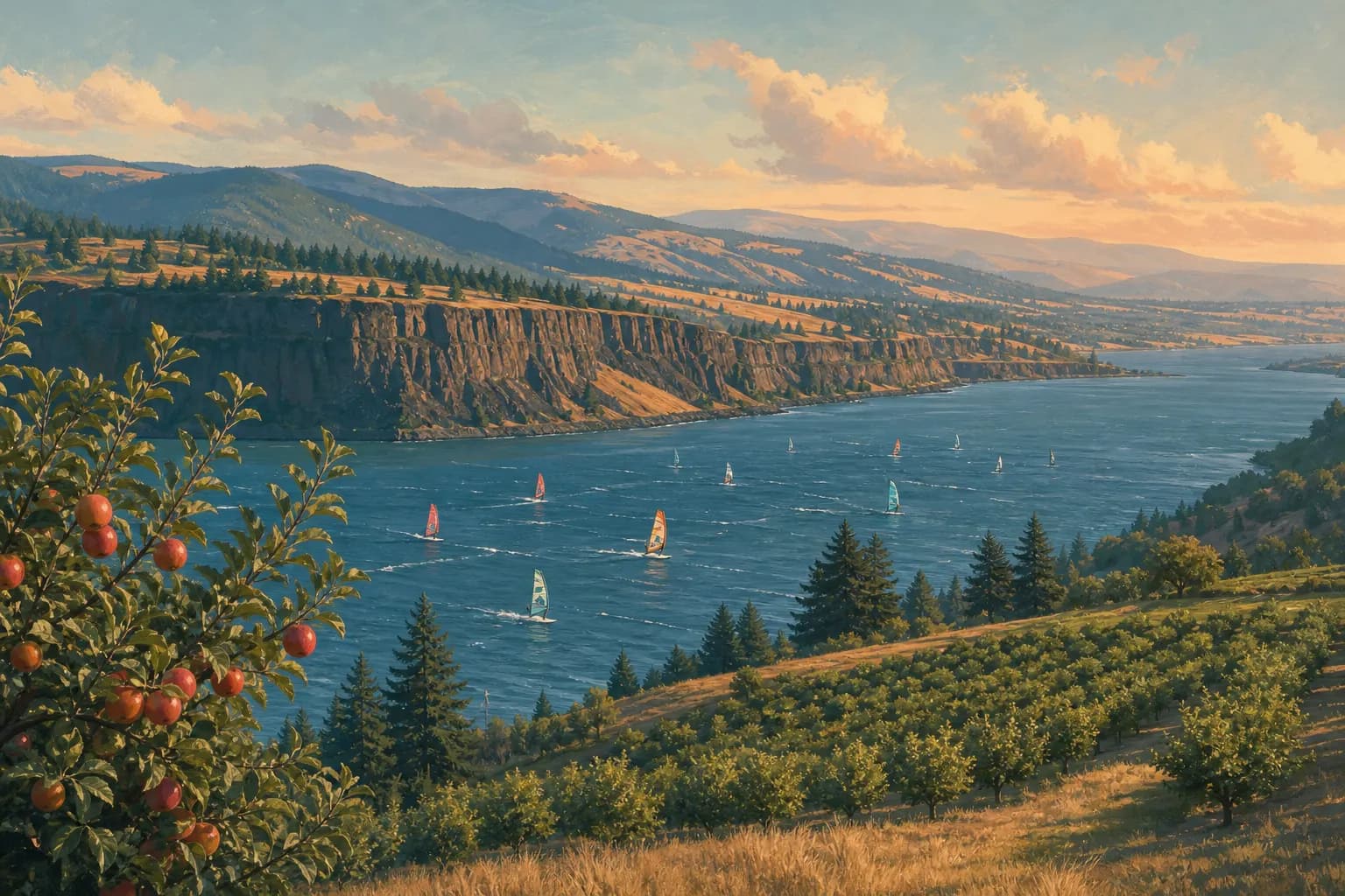 Illustration of Bingen, Washington: the Columbia River Gorge with basalt cliffs, windsurf sails and orchards