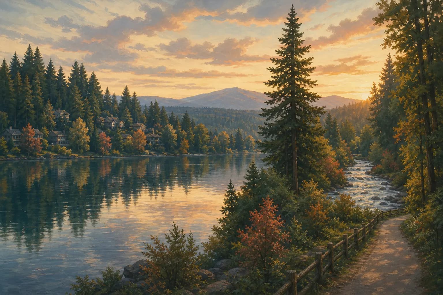 Illustration of Maple Valley, Washington: a lake ringed by evergreens and a Cedar River trail